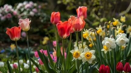 Colorful Tulips and Daffodils in a Spring Garden.