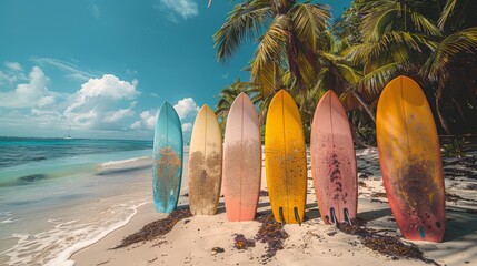 Pastel patterned surfboards of different sizes sticking out of the sand on a beach among palm trees.