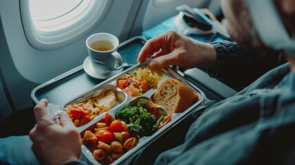 Obraz premium A man is eating food on a tray in an airplane