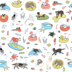 Dogs sea summer relax swimming pool vector seamless pattern.