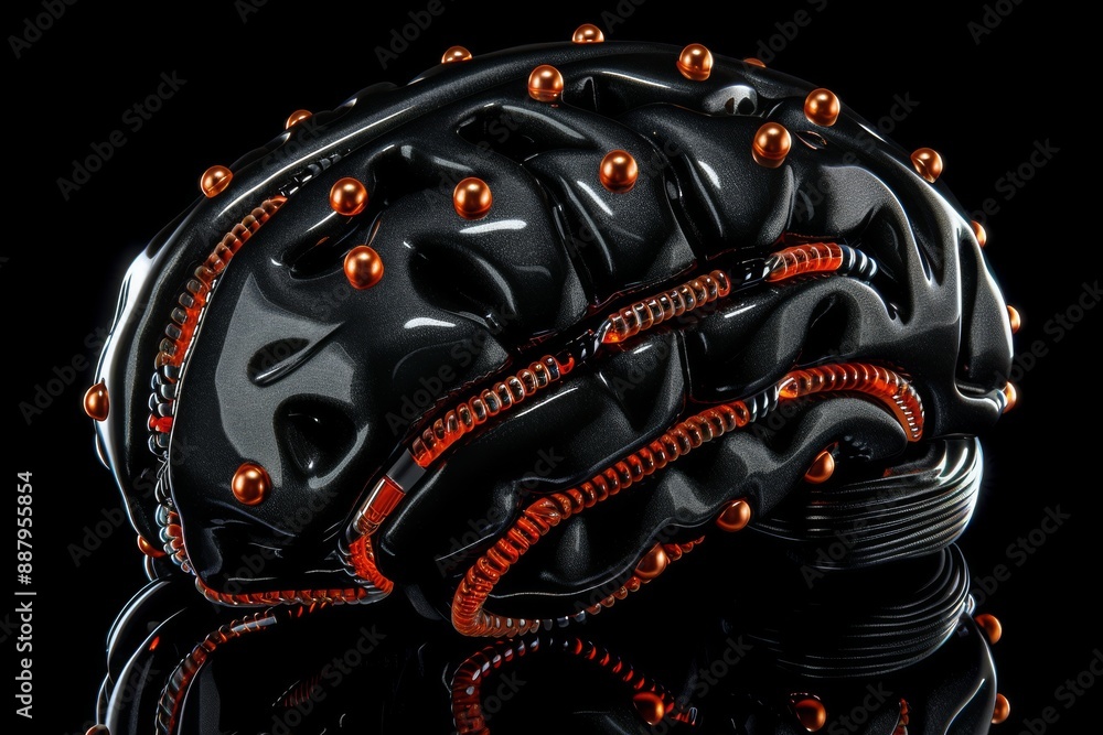 Poster futuristic brain model with red and black circuits and glowing nodes, displayed on a reflective surf