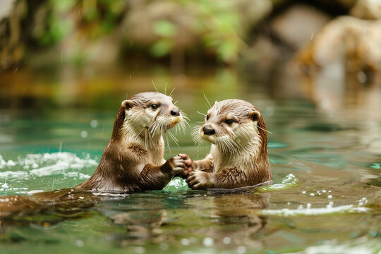 Two cute otters playing in the water