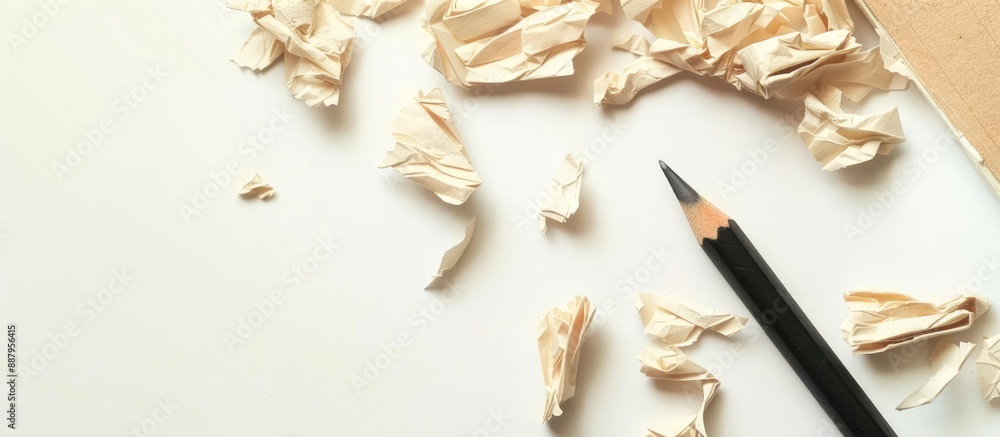 Aufkleber black pencil and crumpled paper around a kraft notepad on a white background with copy space image