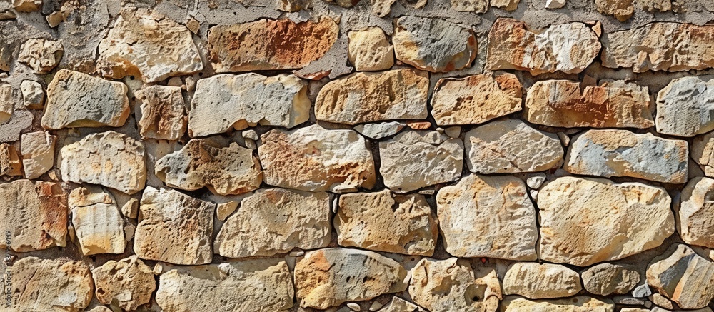 Poster close up view of an aged rural house wall constructed with bricks and stones suitable as a backdrop 