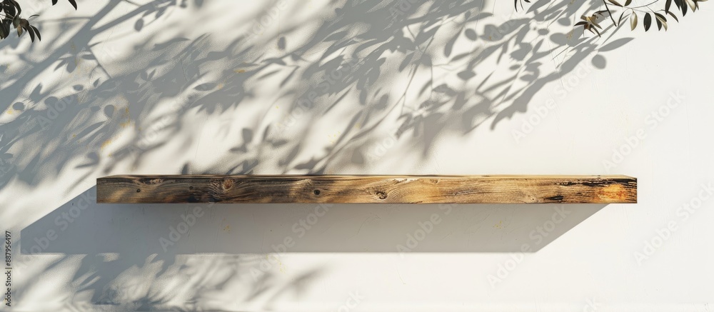 Poster wooden plank on a white wall with tree shadow in sunlight creating a mockup for product display in a