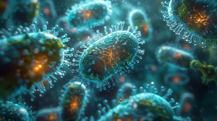 A close-up illustration of synthetic biology, showcasing engineered cells with a glowing, intricate inner structure.