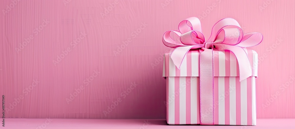 Canvas Prints A pink and white striped gift box adorned with a pink ribbon on a bright backdrop ideal for Mother s Day weddings or Valentine s featuring copy space image