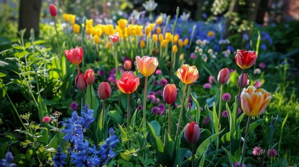 Colorful Spring Tulips in a Garden.
