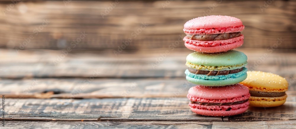 Poster a colorful french macaron cake displayed on a wooden background with room for text horizontal photo 