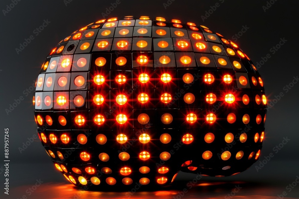 Poster sci-fi inspired brain sphere with orange and red glowing grids, symbolizing neural connections and f