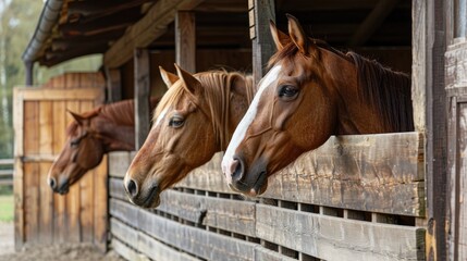 Fototapeta premium A cozy wooden stable housing three brown horses, illustrating the care and attention given to equestrian animals.