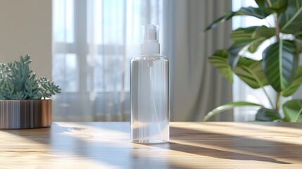 Blank Label Hand Sanitizer: A hand sanitizer bottle with no label on an entryway table.
