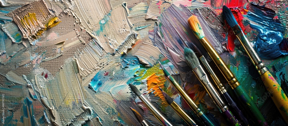Poster artistic tools including brushes and color pencils arranged neatly on a table in an artist s studio 