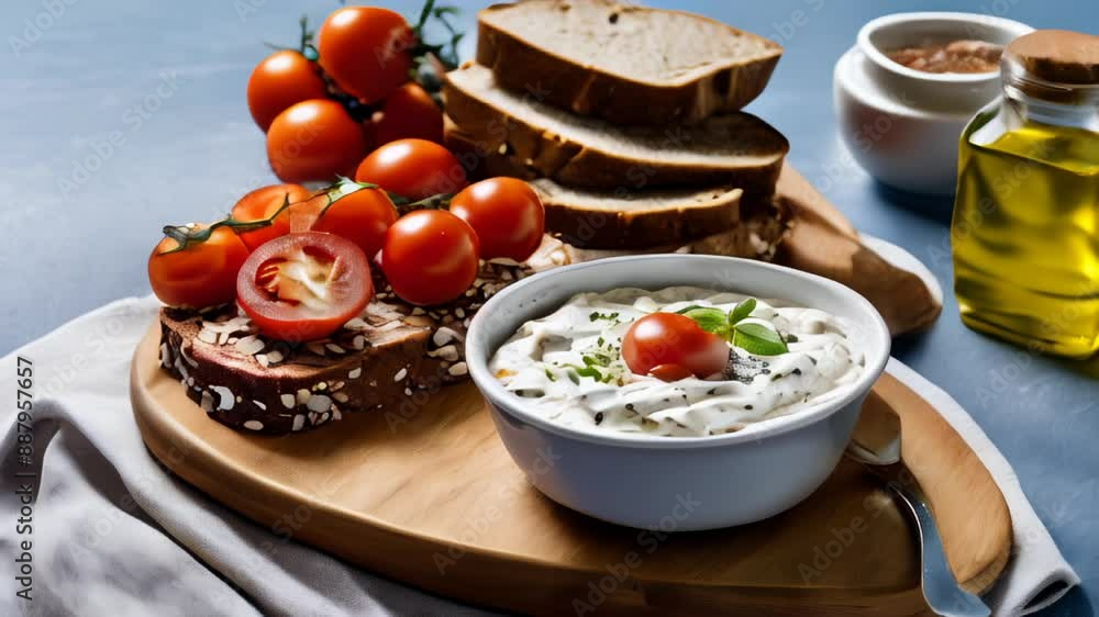 Canvas Prints  Freshly prepared appetizer with bread tomatoes and dip