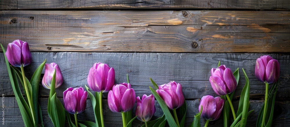 Poster Purple Terry tulips on rustic wood backdrop with copy space image