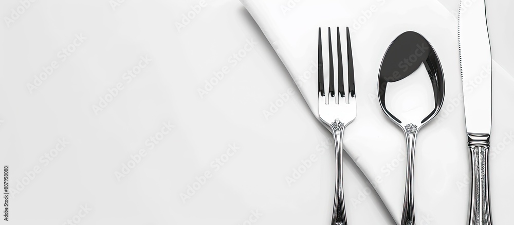 Poster Silver steel cutlery on a white backdrop with copy space image