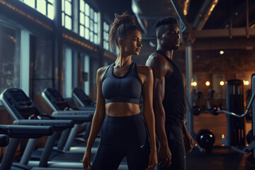 Athletic man and woman wearing workout gear in a modern gym. Treadmills and exercise equipment are visible in the background