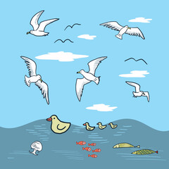 Seagulls, ducks and fish in the sea. Vector illustration.