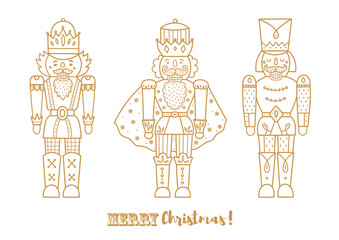 Nutcrackers. Line gold greeting card.  Cute Christmas illustration. 
