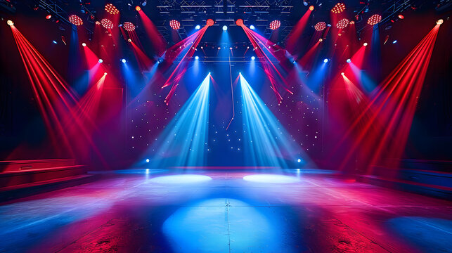 Illuminated stage with dramatic blue and red lighting and spotlights, ideal for performances or events presentation