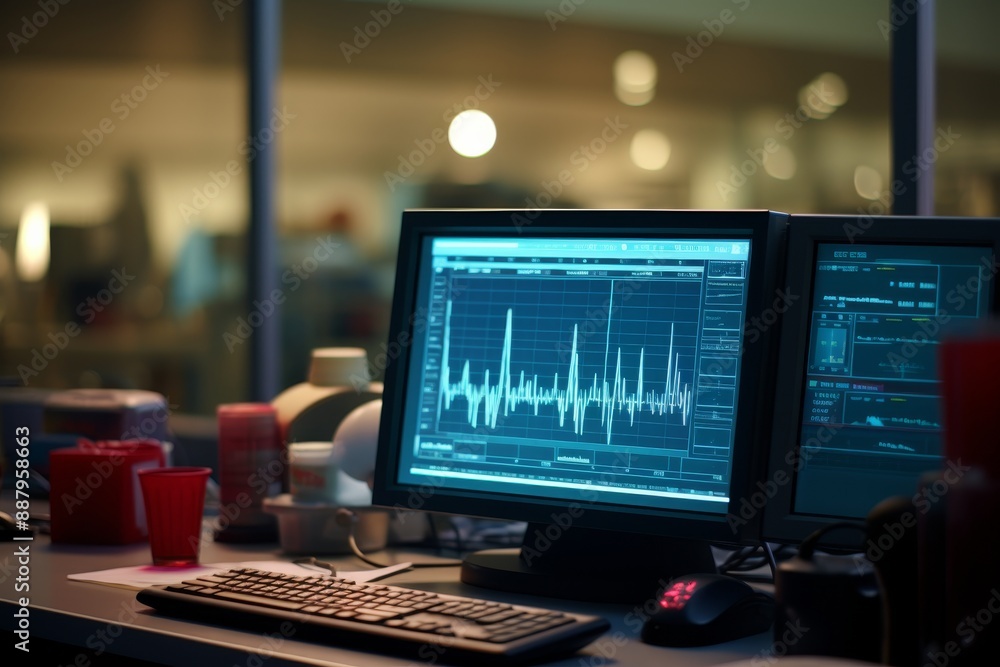Poster computer monitor displaying vibrant neon waveform chart graphic, science experiment, technology.