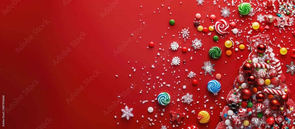 Poster a festive christmas tree design with candies and snowflakes on a red backdrop viewed from above with
