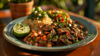 Plate of carnitas with rice and beans, Traditional Mexican dish, Garnished with fresh herbs and lime