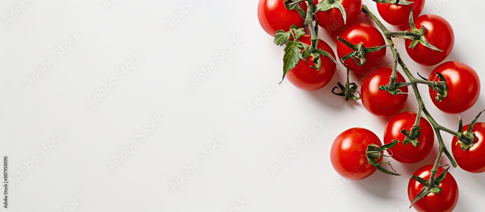 Poster top view of a cluster of red cherry tomatoes with copy space image on a white backdrop