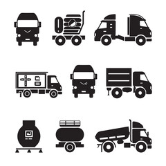 Design very stylish black pictograms that represent truck items icon set.flat. Simple. White background