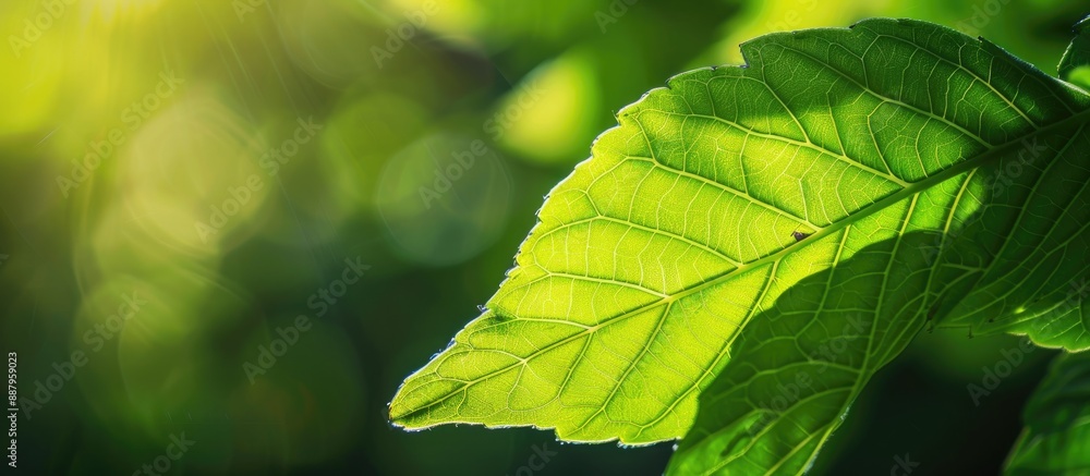 Aufkleber macro shot of a vibrant green leaf against a blurred green backdrop with soft focus sunlight and spa