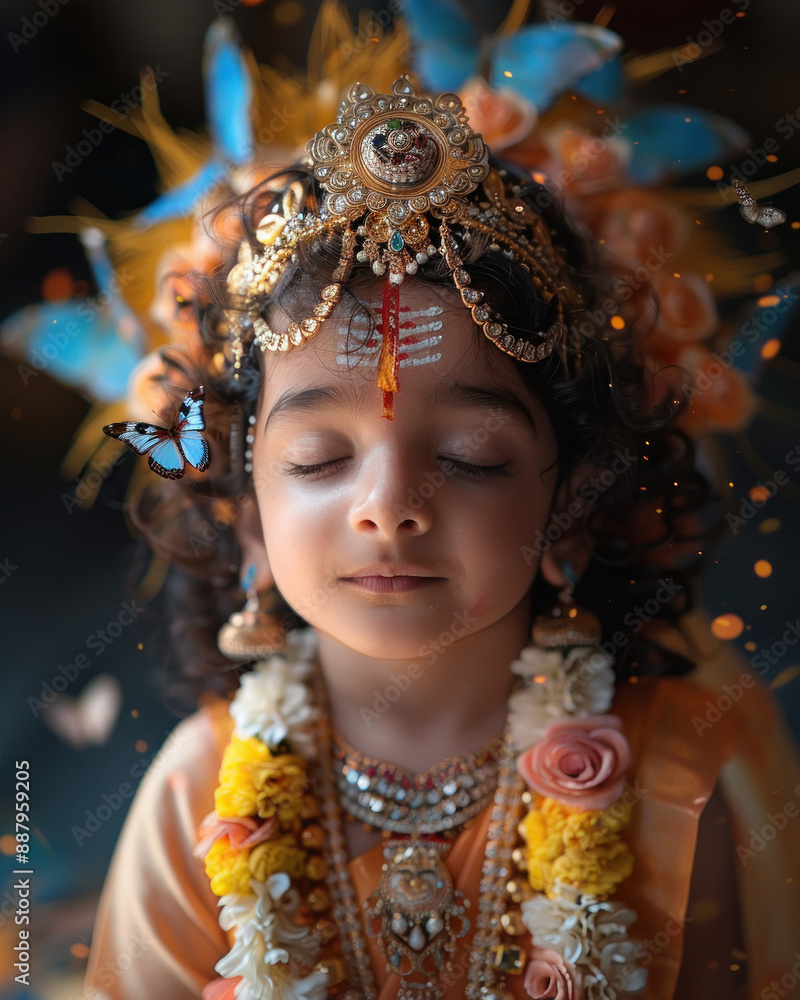 Poster cute little boy wearing krishna costume