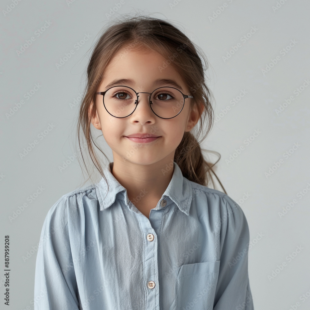 Wall mural cute little girl wearing eyeglasses on white background