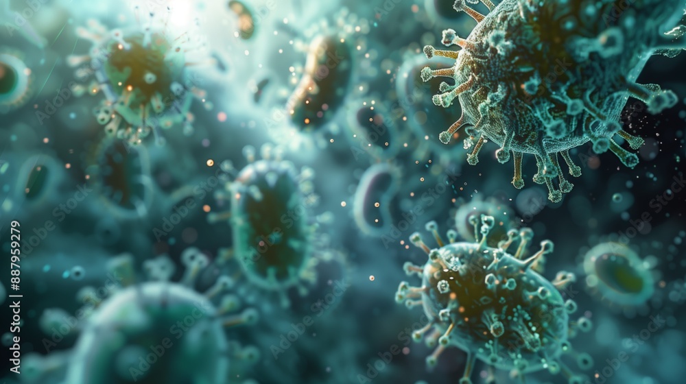 Poster a digital rendering of futuristic microorganisms suspended in a vibrant green liquid, showcasing the