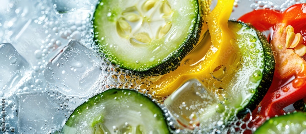 Aufkleber fresh slices of zucchini and pepper against a backdrop of skin texture inside an ice cube with air b