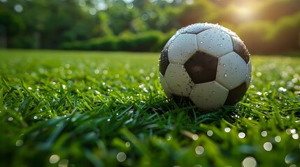 Fototapeta premium close-up photo of a professional soccer player playing football on a green grass pitch at a big stadium. dribbling the ball against opponents. soccer match on a field. Generative AI