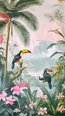 Vintage wallpaper of the jungle with colorful toucans, playful coyotes, and towering palm trees in pastel tones, depicting an enchanting rainforest scene with blooming flowers and misty mountains. 