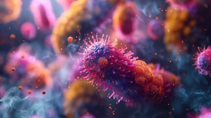 A close-up, digital illustration of vibrant, futuristic microorganisms, rendered in a bright, colorful world.