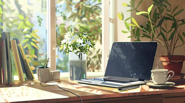 Laptop by the window with soaring light streaming in, creating an inspiring and bright workspace
 Seamless looping 4k time-lapse virtual video animation Generated AI