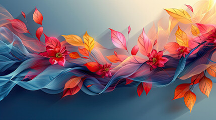 Elegant colorful with vibrant flower hanging branches illustration background. Bright color 3d abstraction wallpaper for interior mural, Generated by AI	