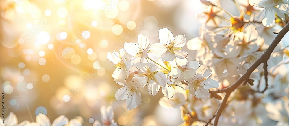 Poster sunny day showcases a branch of flowering cherry tree with small white flowers creating a spring bac