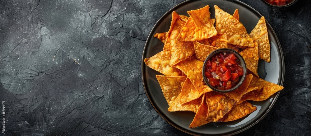 Poster Top view of nachos on a gray plate with cheese salsa against a dark backdrop with room for a copy space image