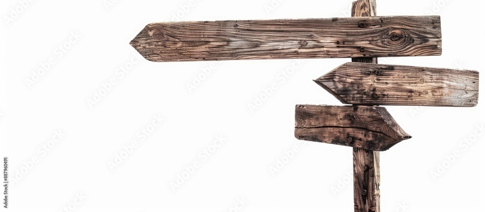 Poster wooden signpost with arrows on empty board on white background suitable for adding text or image in 