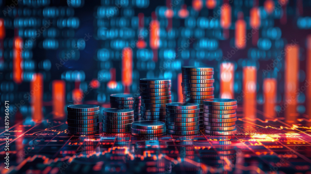 Poster stacked coins on a digital financial chart with glowing data points and graphs, symbolizing investme