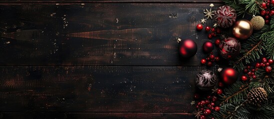 Vintage dark wood background with Christmas holiday ornaments displayed creating a festive atmosphere in the copy space image