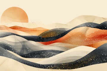 Obraz premium Abstract landscape with flowing golden hills and dark valleys, using watercolor and ink techniques to create a serene and evocative scene.