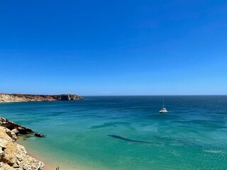 View of strong waves hitting the rock at Sagres, Algarve, Portugal.