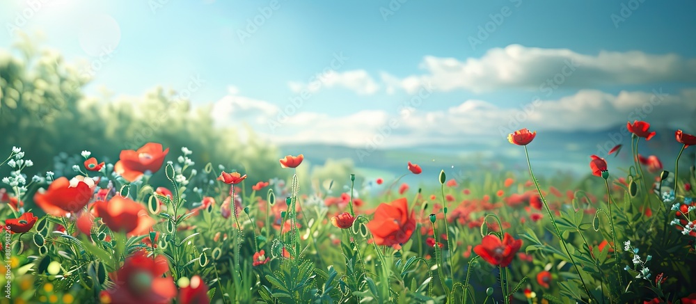 Poster sunny day field with red poppies and greenery in vertical copy space image