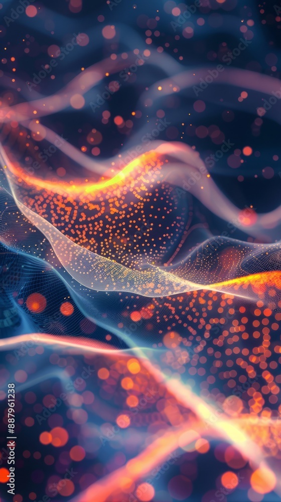 Aufkleber a colorful, abstract image of a wave with a lot of dots and lines. the image has a futuristic, sci-f