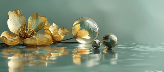 Golden flowers a spherical object and a conical shape against a fresh green backdrop with room for text or graphics known as copy space image