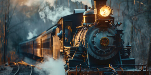 Fototapeta premium Classic steam train traveling through a forest landscape, emitting steam and creating a nostalgic, adventurous atmosphere.